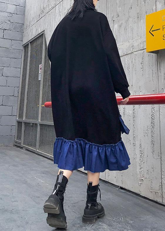 Organic black cotton pattern Ruffles patchwork Kaftan Dress - SooLinen