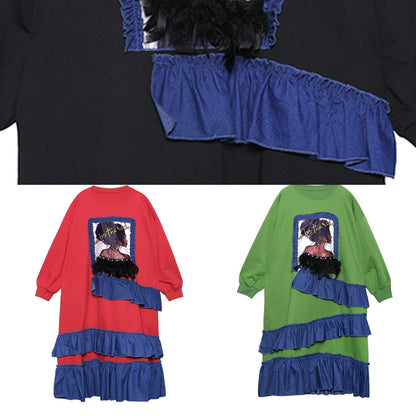 Organic black cotton pattern Ruffles patchwork Kaftan Dress - SooLinen