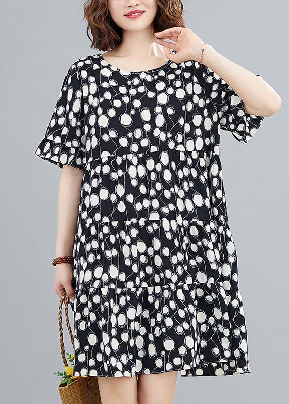 Organic black dotted clothes Women o neck patchwork Knee Dress - SooLinen