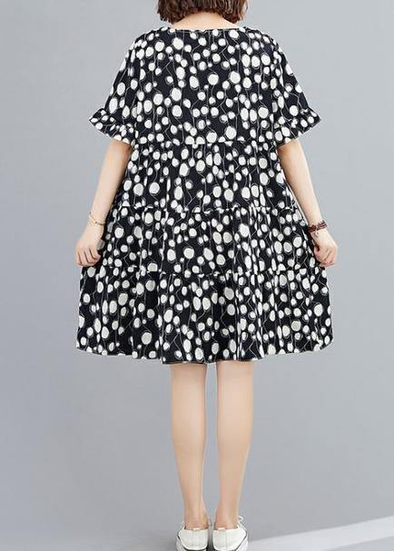 Organic black dotted clothes Women o neck patchwork Knee Dress - SooLinen