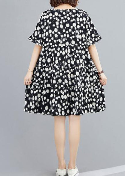 Organic black dotted clothes Women o neck patchwork Knee Dress - SooLinen