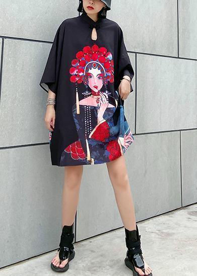 Organic black print Cotton clothes stand collar A Line summer Dress - SooLinen