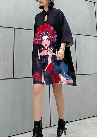 Organic black print Cotton clothes stand collar A Line summer Dress - SooLinen