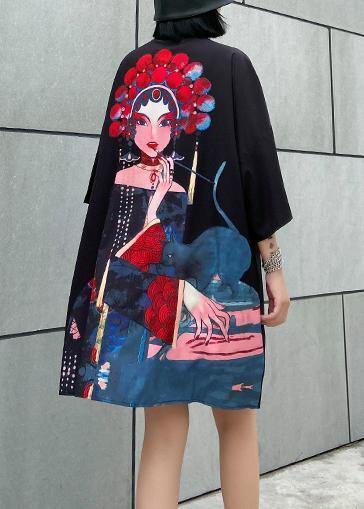 Organic black print Cotton clothes stand collar A Line summer Dress - SooLinen