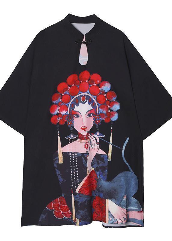 Organic black print Cotton clothes stand collar A Line summer Dress - SooLinen