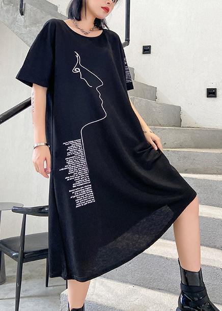 Organic black print Cotton o neck asymmetric oversized summer Dresses - SooLinen