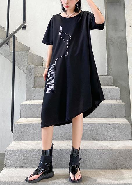 Organic black print Cotton o neck asymmetric oversized summer Dresses - SooLinen