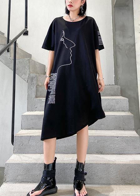 Organic black print Cotton o neck asymmetric oversized summer Dresses - SooLinen