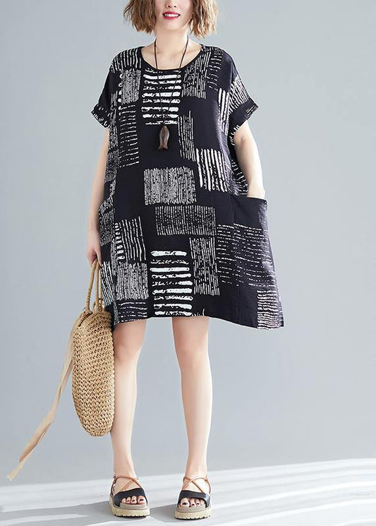 Organic black print Cotton quilting dresses Korea Outfits o neck pockets short Summer Dresses - SooLinen