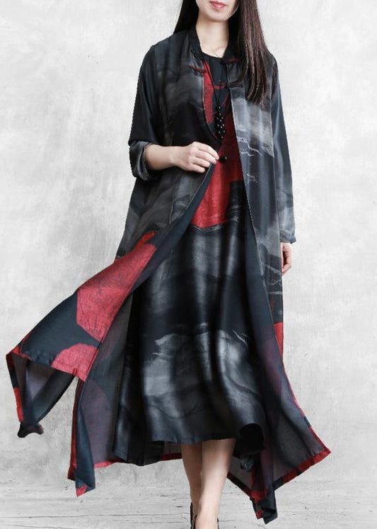 Organic black print Fashion crane dress Sewing stand Chinese Button  cardigan - SooLinen