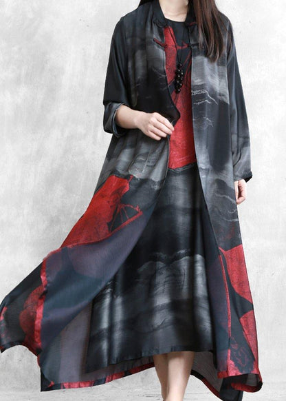 Organic black print Fashion crane dress Sewing stand Chinese Button  cardigan - SooLinen