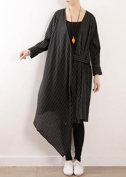 Organic black striped cotton Long Shirts v neck asymmetric Maxi Dresses - SooLinen