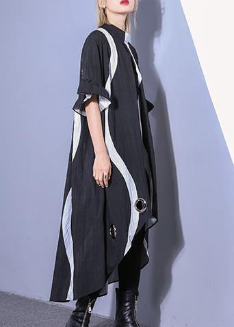 Organic black striped cotton dresses low high design Robe summer Dress - SooLinen