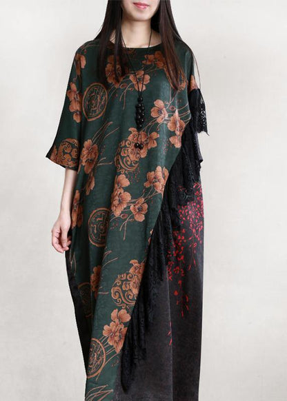 Organic blackish green print Robes o neck patchwork long Dresses - SooLinen