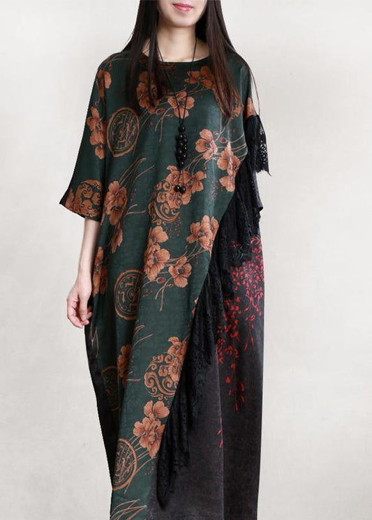 Organic blackish green print Robes o neck patchwork long Dresses - SooLinen
