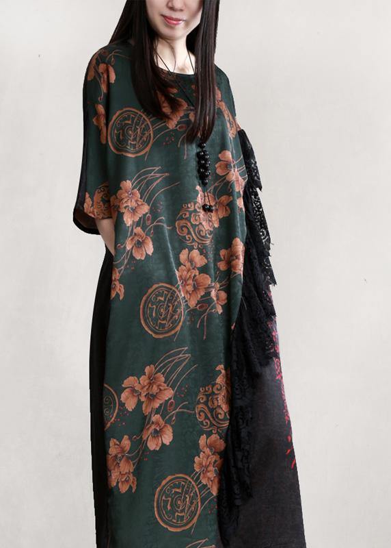 Organic blackish green print Robes o neck patchwork long Dresses - SooLinen
