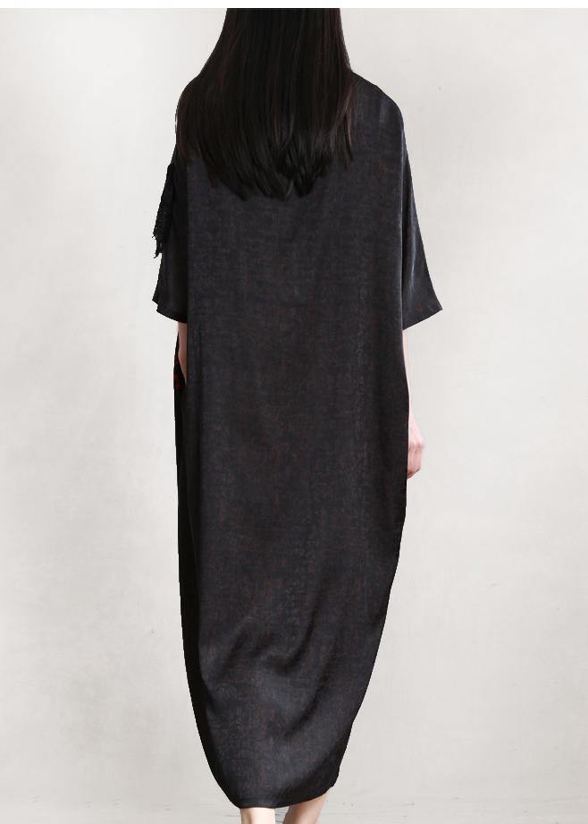 Organic blackish green print Robes o neck patchwork long Dresses - SooLinen