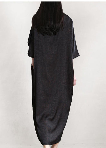 Organic blackish green print Robes o neck patchwork long Dresses - SooLinen