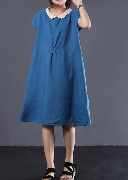 Organic blue linen clothes For Women patchwork color lapel collar baggy summer Dresses - SooLinen