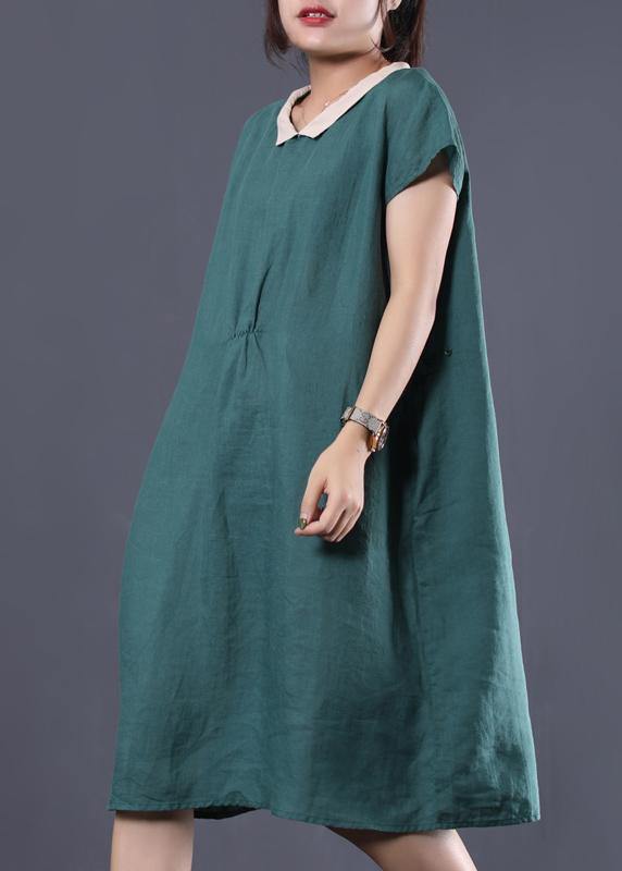 Organic blue linen clothes For Women patchwork color lapel collar baggy summer Dresses - SooLinen