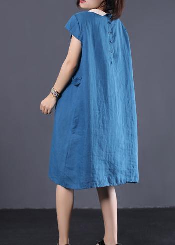 Organic blue linen clothes For Women patchwork color lapel collar baggy summer Dresses - SooLinen