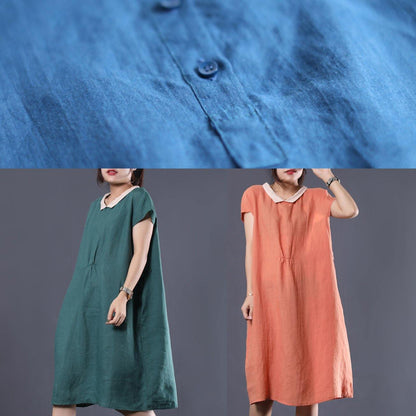 Organic blue linen clothes For Women patchwork color lapel collar baggy summer Dresses - SooLinen
