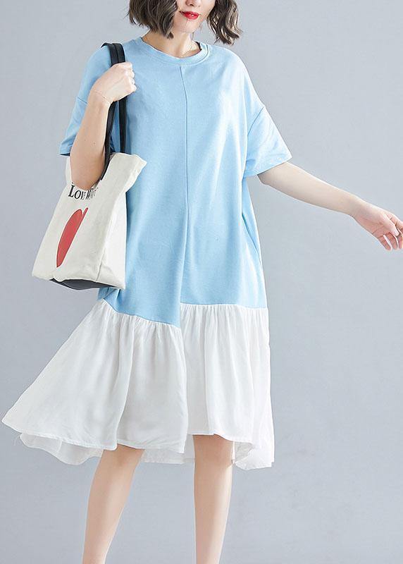 Organic blue o neck cotton quilting clothes asymmetric patchwork Maxi summer Dress - SooLinen