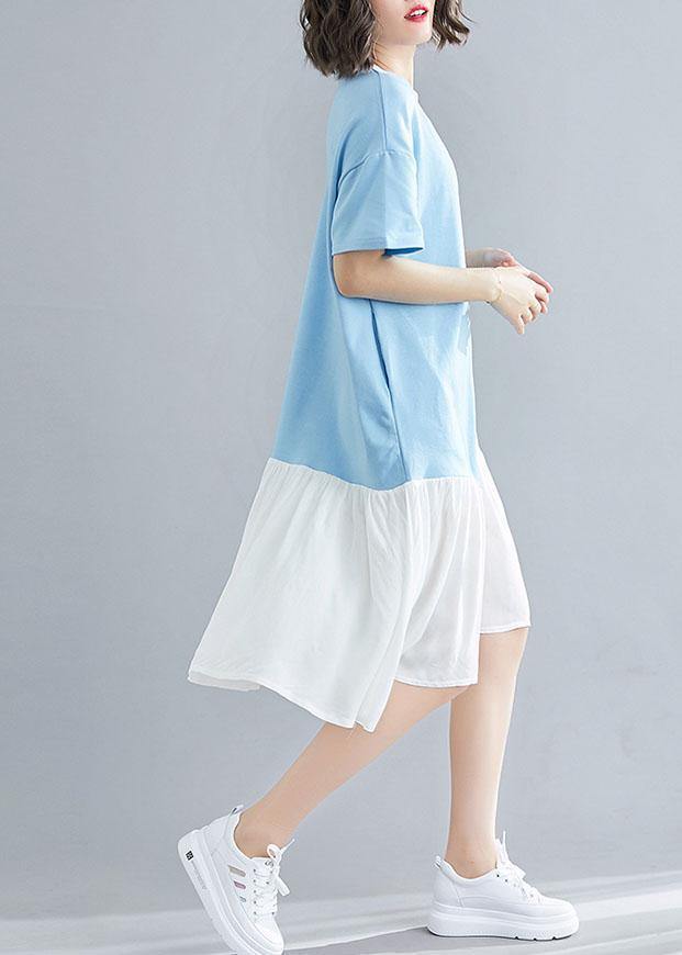 Organic blue o neck cotton quilting clothes asymmetric patchwork Maxi summer Dress - SooLinen