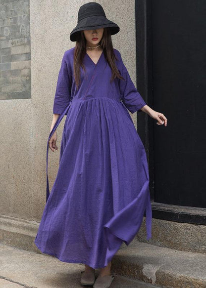 Organic bracelet sleeved linen clothes For Women Shape dark purple v neck Dress - SooLinen