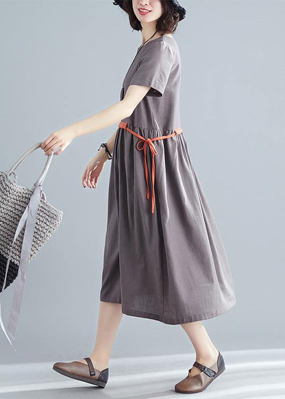 Organic brown linen quilting dresses o neck tie waist summer Dress - SooLinen