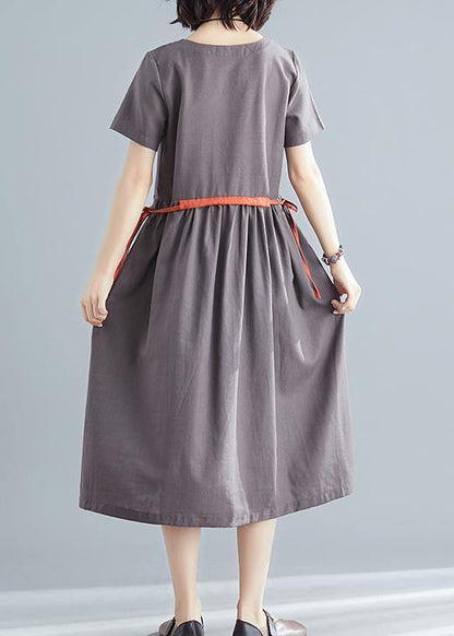 Organic brown linen quilting dresses o neck tie waist summer Dress - SooLinen