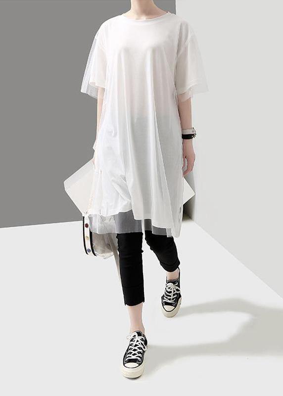 Organic clothes Women Korea Summer Short Sleeve Patchwork Tulle Dress - SooLinen