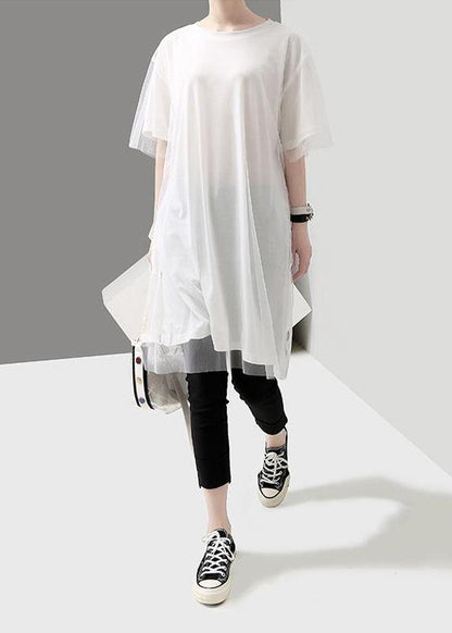 Organic clothes Women Korea Summer Short Sleeve Patchwork Tulle Dress - SooLinen