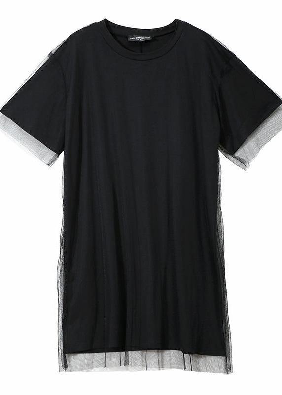 Organic clothes Women Korea Summer Short Sleeve Patchwork Tulle Dress - SooLinen