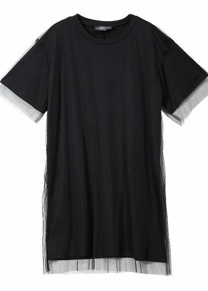 Organic clothes Women Korea Summer Short Sleeve Patchwork Tulle Dress - SooLinen