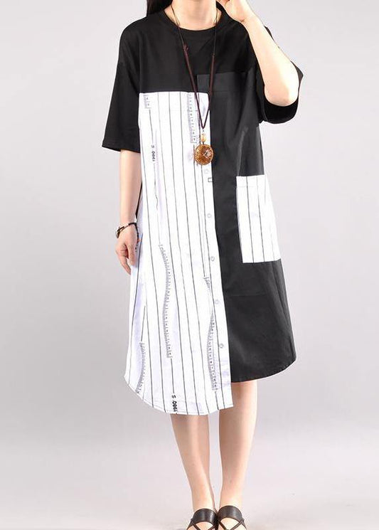 Organic cotton outfit Boho Casual Striped Spliced Irregular Half Sleeve Dress - SooLinen