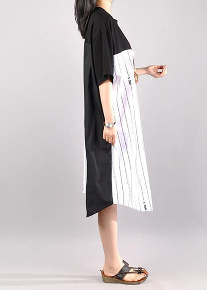 Organic cotton outfit Boho Casual Striped Spliced Irregular Half Sleeve Dress - SooLinen