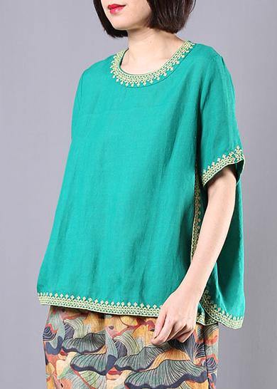 Organic embroidery linen cotton clothes green o neck Dresses blouses summer - SooLinen