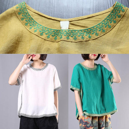Organic embroidery linen cotton clothes green o neck Dresses blouses summer - SooLinen