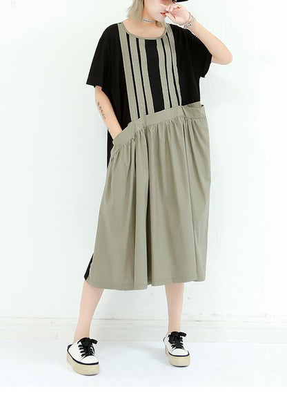 Organic gray green cotton dresses o neck patchwork cotton summer Dress - SooLinen