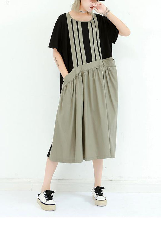 Organic gray green cotton dresses o neck patchwork cotton summer Dress - SooLinen