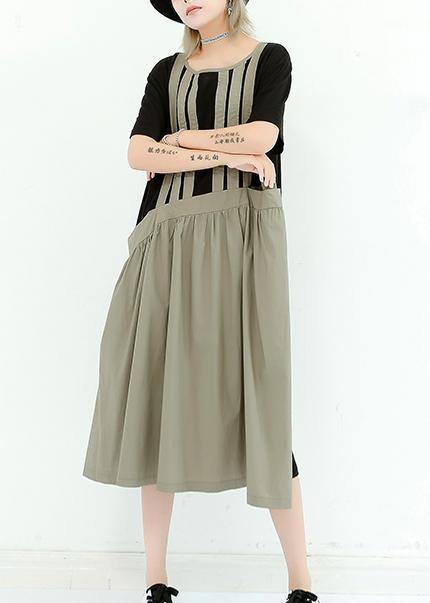 Organic gray green cotton dresses o neck patchwork cotton summer Dress - SooLinen