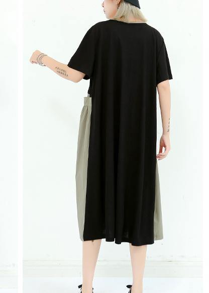 Organic gray green cotton dresses o neck patchwork cotton summer Dress - SooLinen