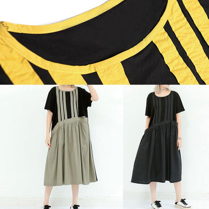 Organic gray green cotton dresses o neck patchwork cotton summer Dress - SooLinen