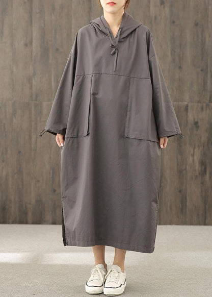 Organic gray tunics for women hooded side open Dress - SooLinen
