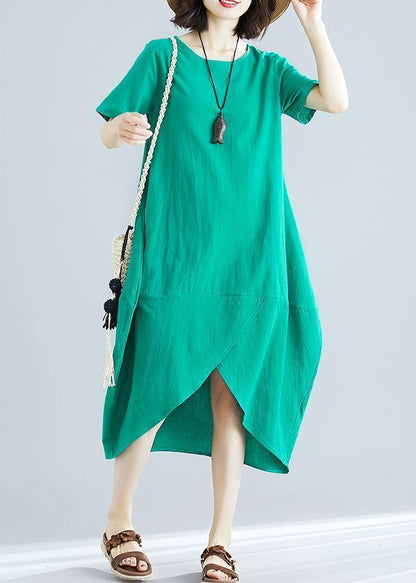 Organic green clothes o neck asymmetric Kaftan summer Dresses - SooLinen