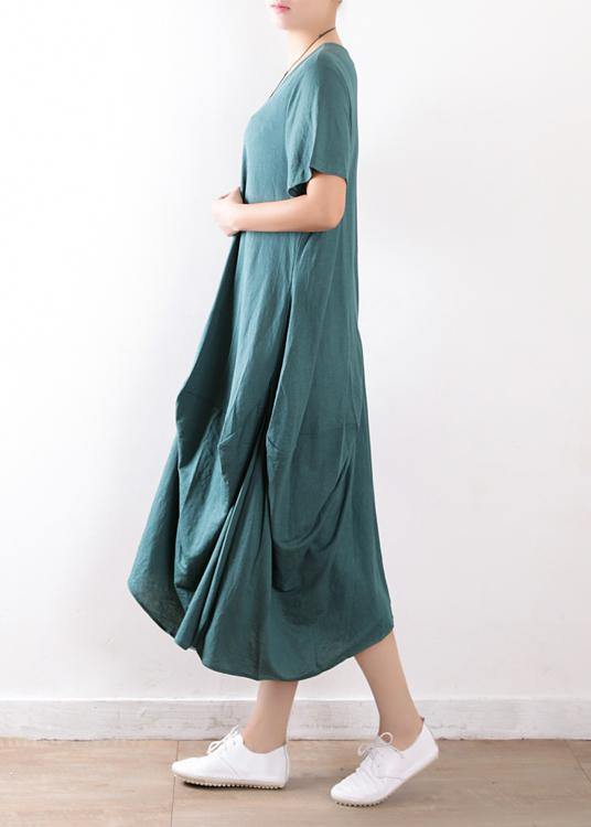 Organic green linen cotton clothes Organic Fashion Ideas o neck asymmetric Maxi Summer Dresses - SooLinen
