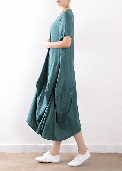 Organic green linen cotton clothes Organic Fashion Ideas o neck asymmetric Maxi Summer Dresses - SooLinen