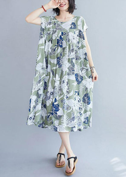 Organic green print clothes o neck pockets cotton summer Dresses - SooLinen
