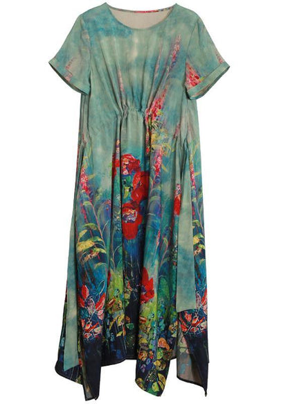 Organic green print dresses o neck tie waist Robe summer Dress - SooLinen